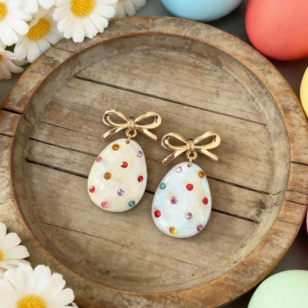Cute‎ Golden Bow Easter Egg Shaped Earrings With Colorful Rhinestones